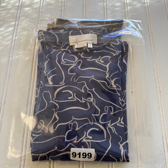 Anthropologie Blue all-over bunny rabbit doodle print Size S - Picture 10 of 10